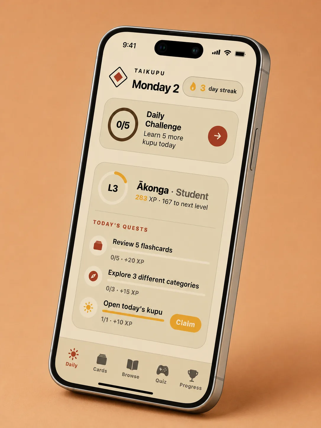 TaiKupu app on iPhone — daily kupu, quests and streak