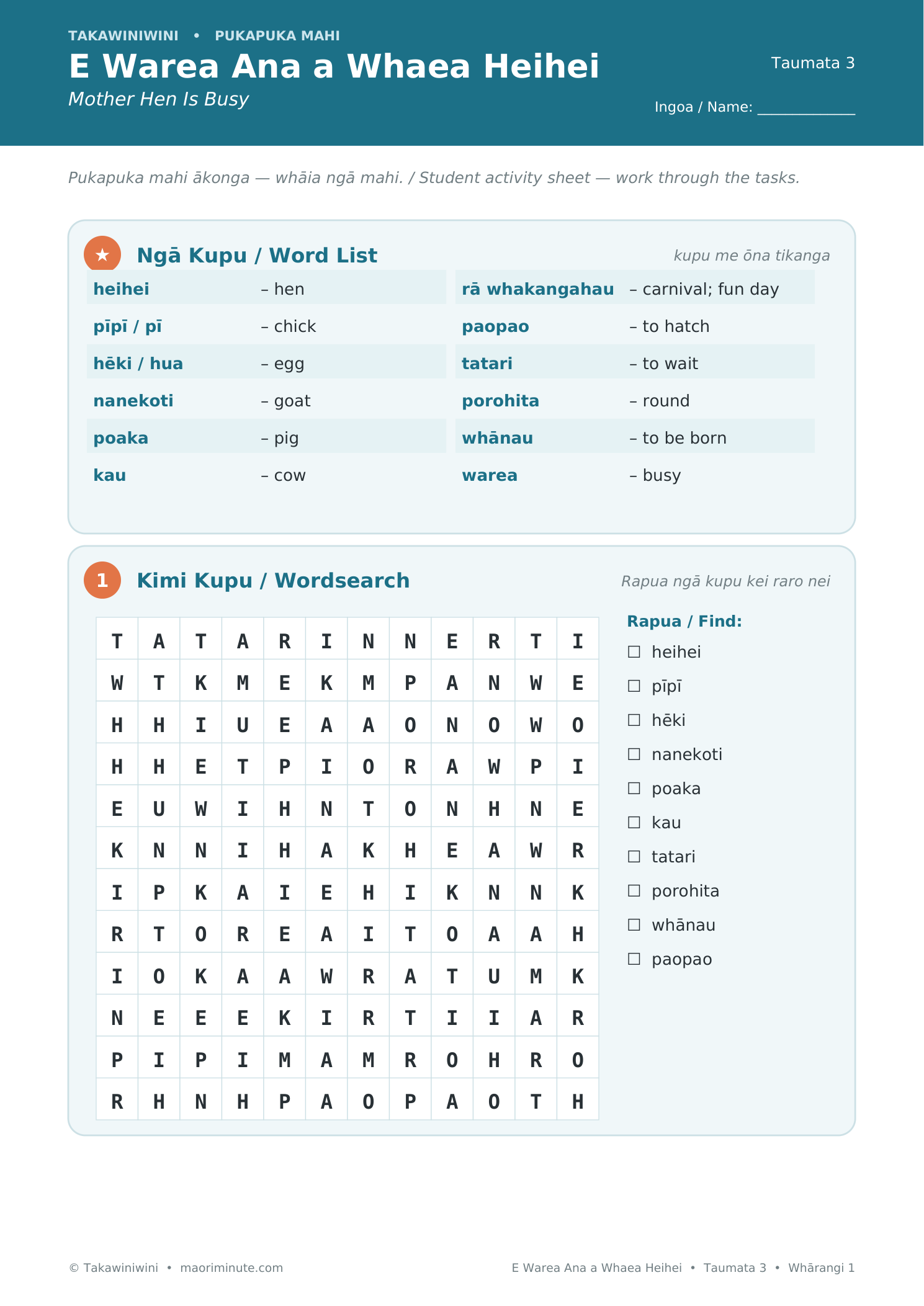 Sample worksheet — E Warea Ana a Whaea Heihei